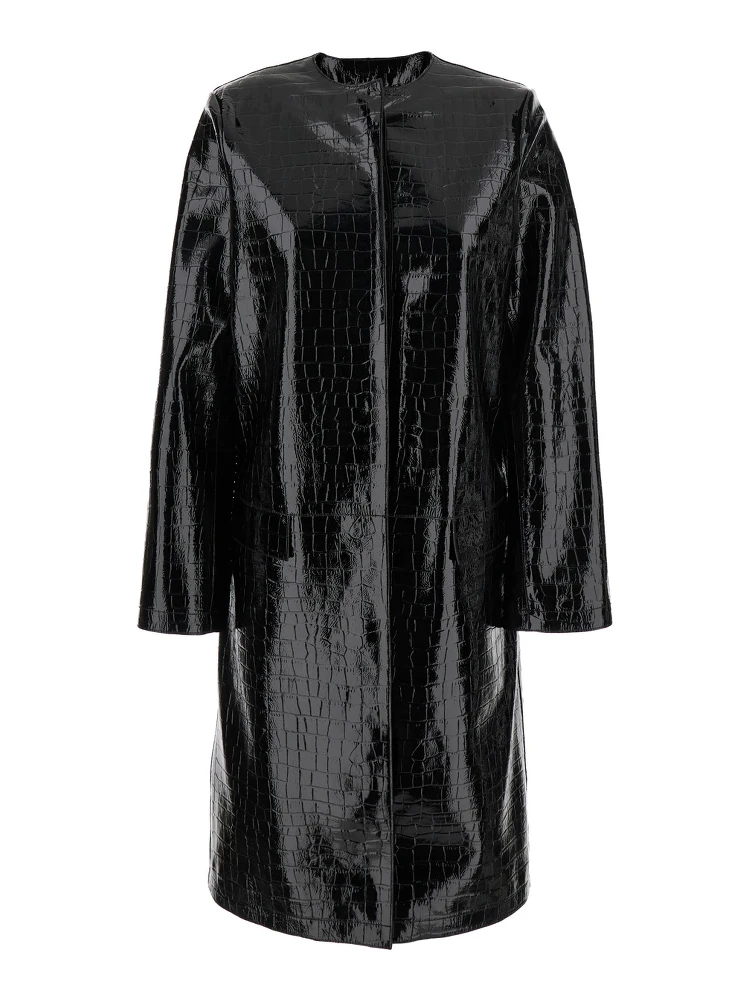Black Coat with Front Button Closure and Embossed Crocodile Effect in Leather Woman