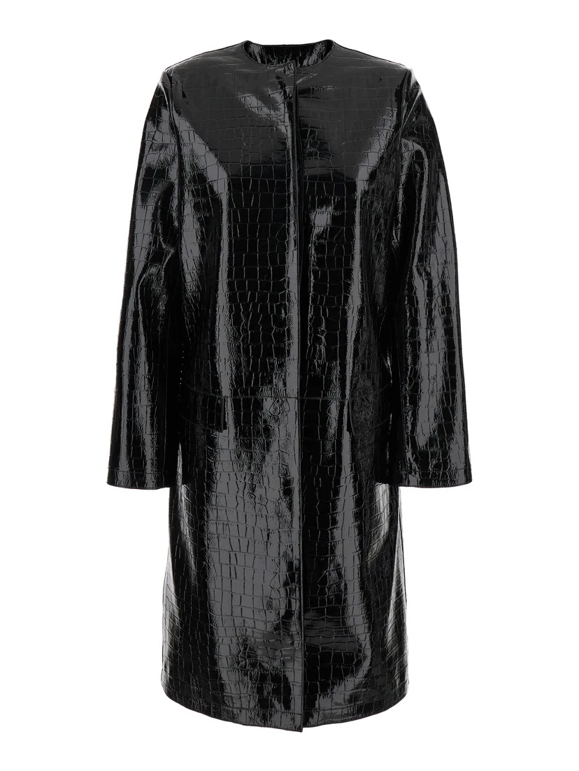 Black Coat with Front Button Closure and Embossed Crocodile Effect in Leather Woman