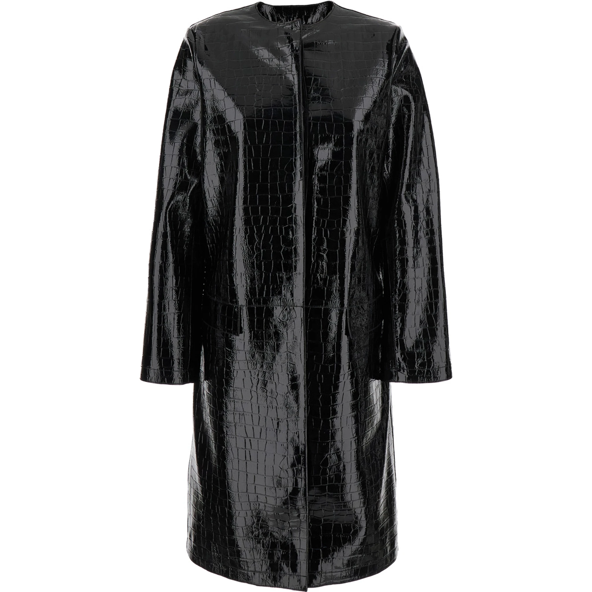 Black Coat with Front Button Closure and Embossed Crocodile Effect in Leather Woman