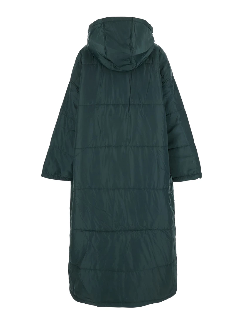 Green Down Jacket with Fixed Hood and Long Design in Tech Fabric Woman