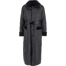 Black Shearling Coat with Classic Collar and Waist Belt in Faux Fur Woman