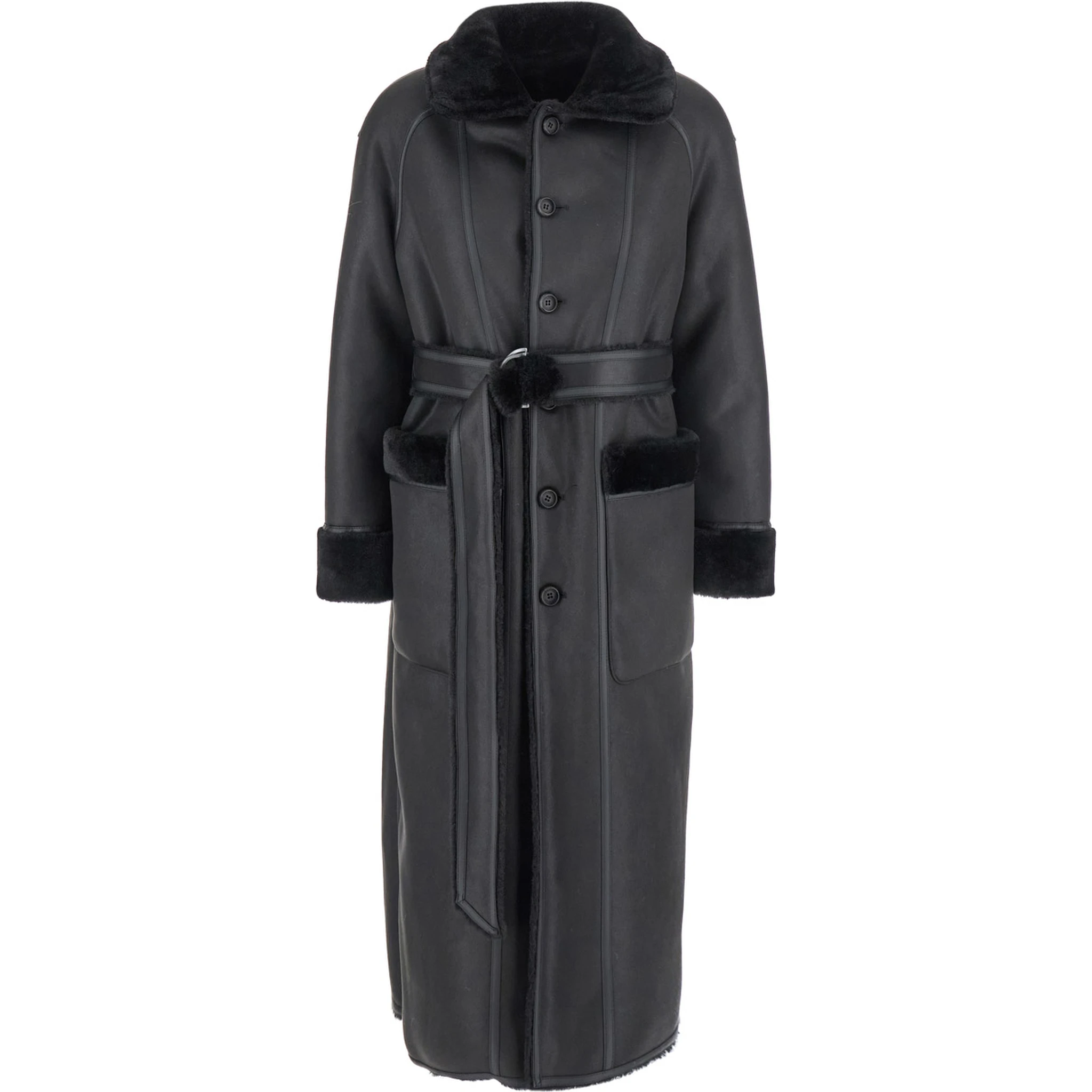 Black Shearling Coat with Classic Collar and Waist Belt in Faux Fur Woman