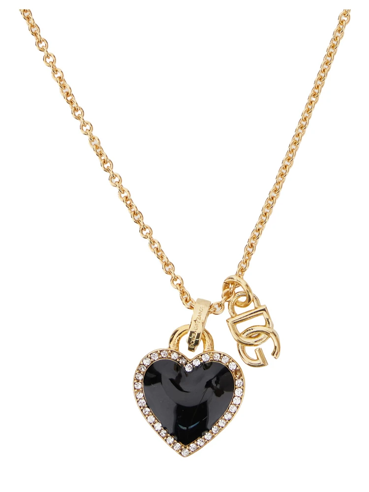 Gold Colored Necklace with Logo Pendant and Heart Pendant in Brass Woman alternative