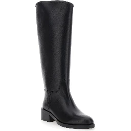 Black Knee High Boots with Block Heel in Leather Woman