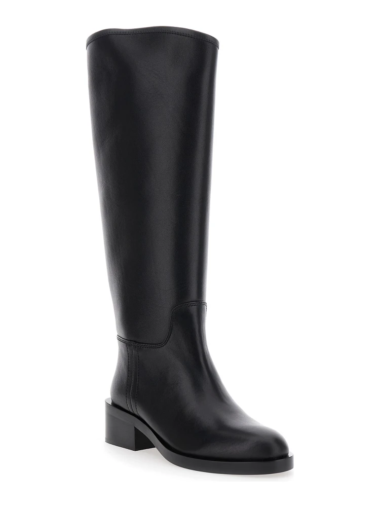 Black Knee High Boots with Block Heel in Leather Woman alternative