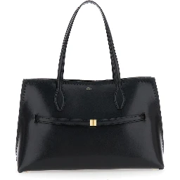 Lounge Black Tote Bag with Embroidered Details and Embossed Logo on the Front in Leather Woman