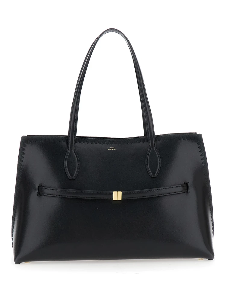 Lounge Black Tote Bag with Embroidered Details and Embossed Logo on the Front in Leather Woman