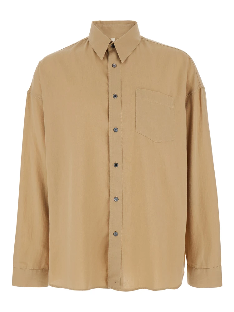 Stable Beige Shirt with Classic Collar and Dropped Shoulders in Linen Blend Man
