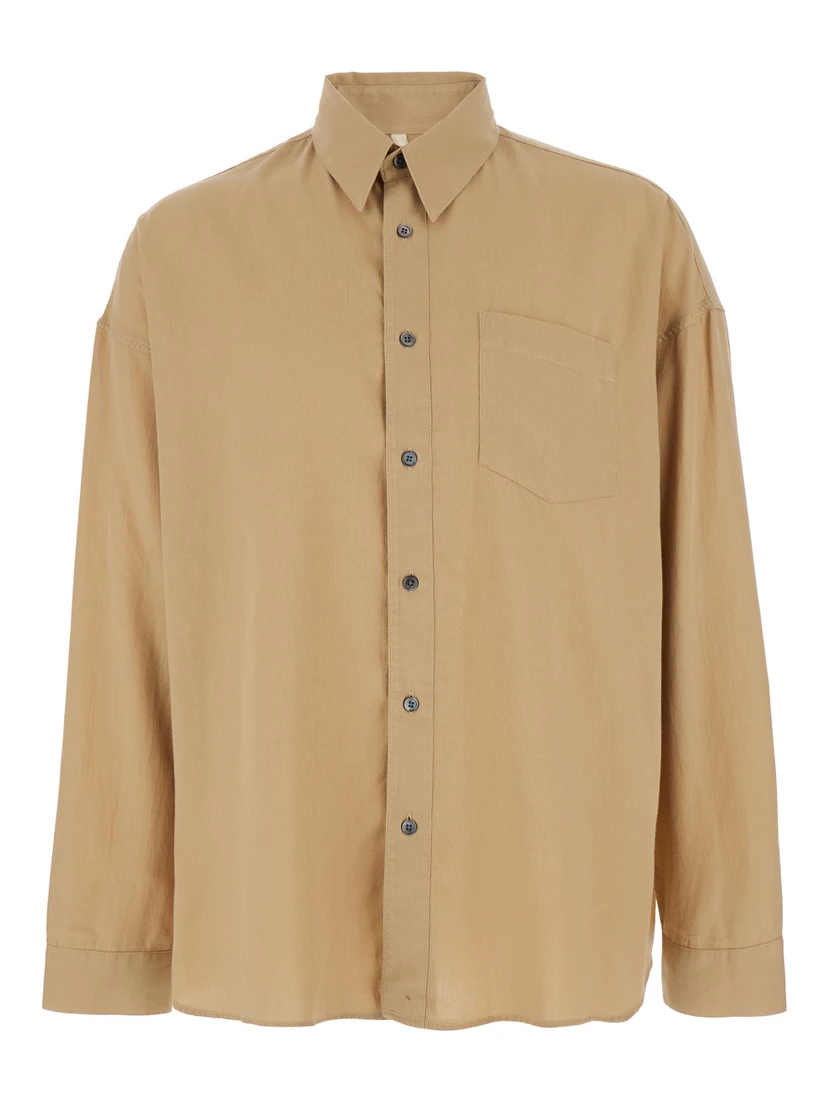 Stable Beige Shirt with Classic Collar and Dropped Shoulders in Linen Blend Man