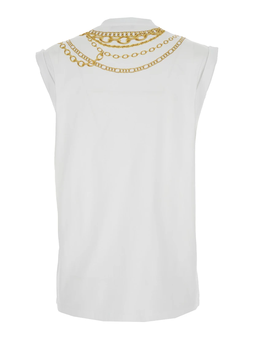 White Sleeveless Top with Maxi Necklace Print on Front and Rear in Cotton Woman