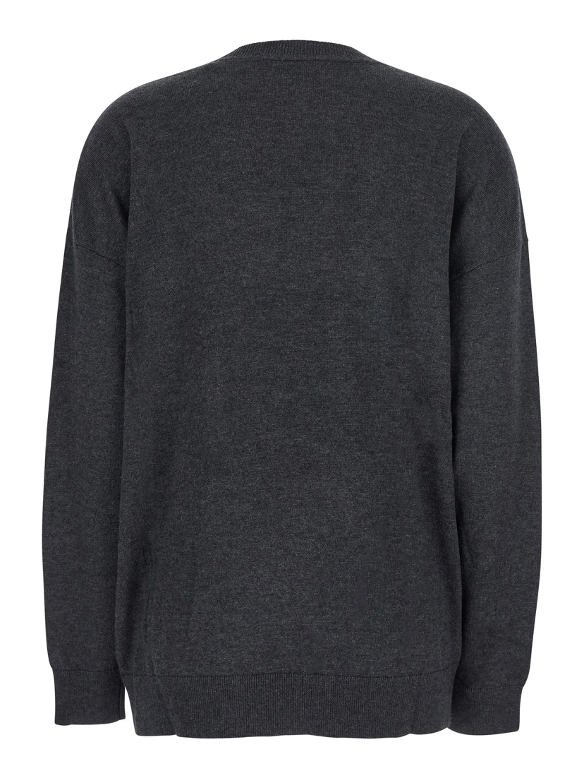 Grey V-Neck Sweater with Ring Detail at the Waist in Fabric Woman