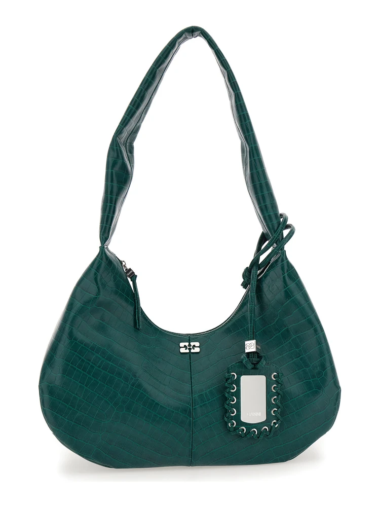 Medium Bou Green Shoulder Bag with Crocodile Leather Effect and Logo Plaque in Leather Woman
