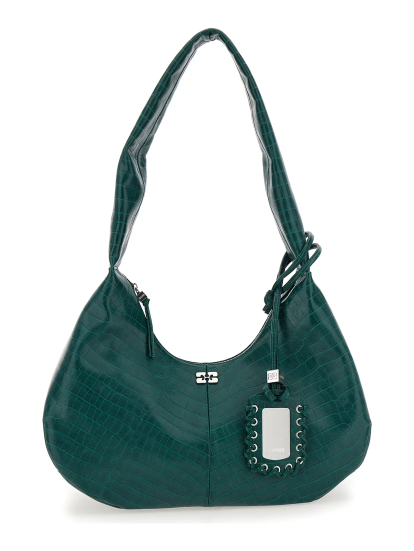 Medium Bou Green Shoulder Bag with Crocodile Leather Effect and Logo Plaque in Leather Woman