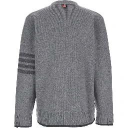 Grey Cardigan with V Neck and Striped Detail on the Sleeve in Wool Man