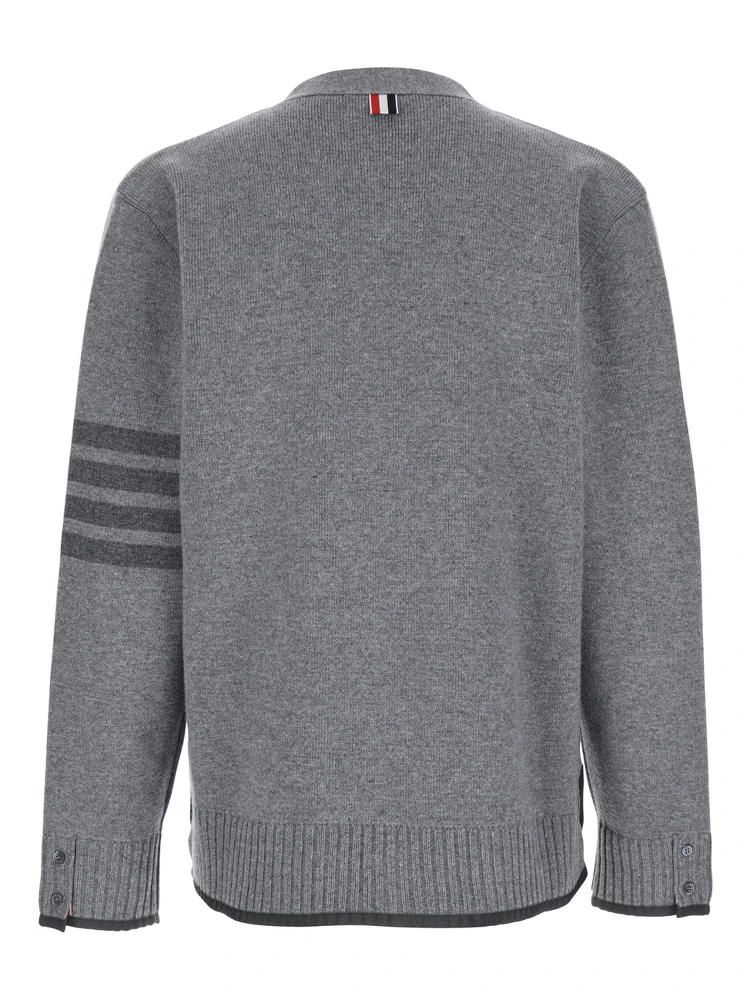 Grey Cardigan with V Neck and Striped Detail on the Sleeve in Wool Man alternative