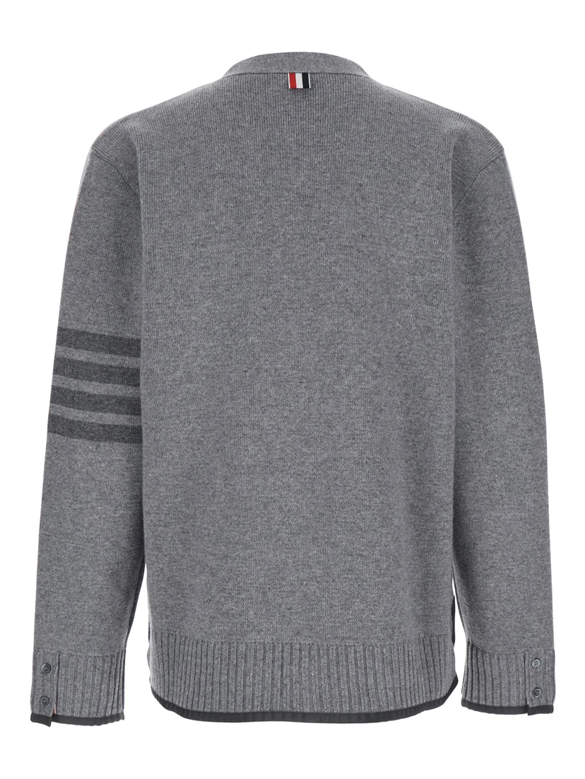 Grey Cardigan with V Neck and Striped Detail on the Sleeve in Wool Man