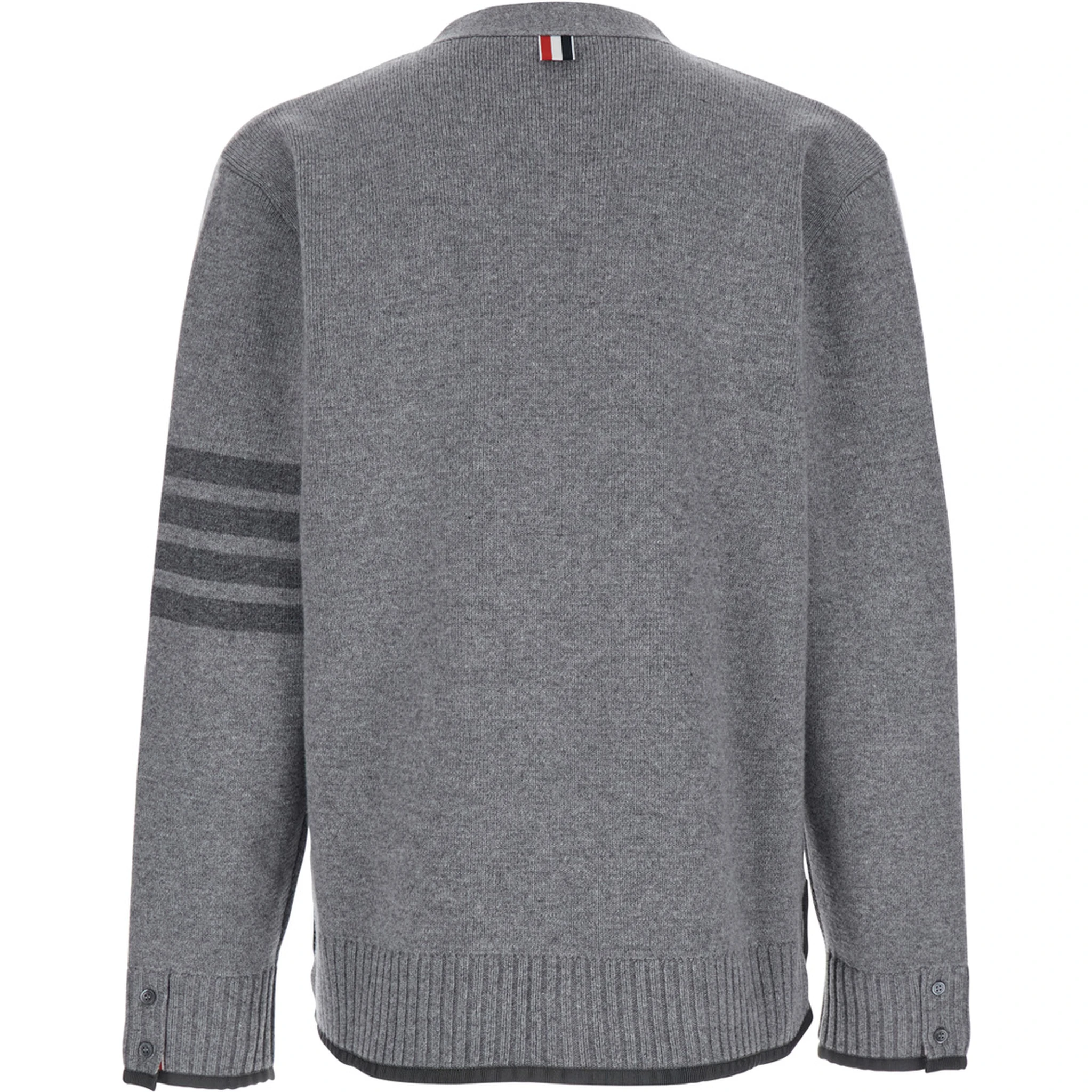 Grey Cardigan with V Neck and Striped Detail on the Sleeve in Wool Man
