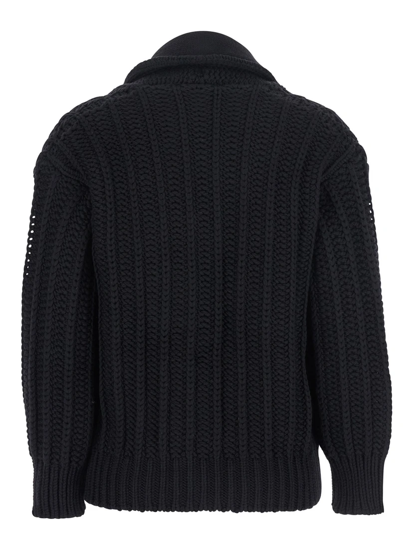 Black Cardigan with Wide Neckline on the Front in Virgin Wool Woman