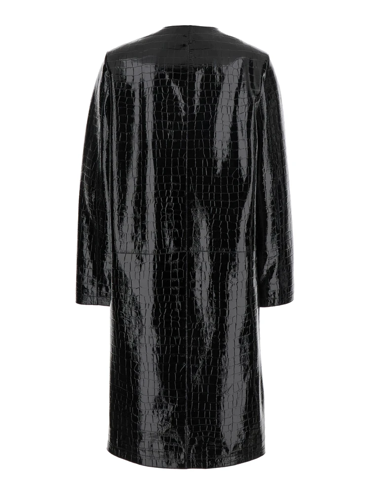 Black Coat with Front Button Closure and Embossed Crocodile Effect in Leather Woman alternative