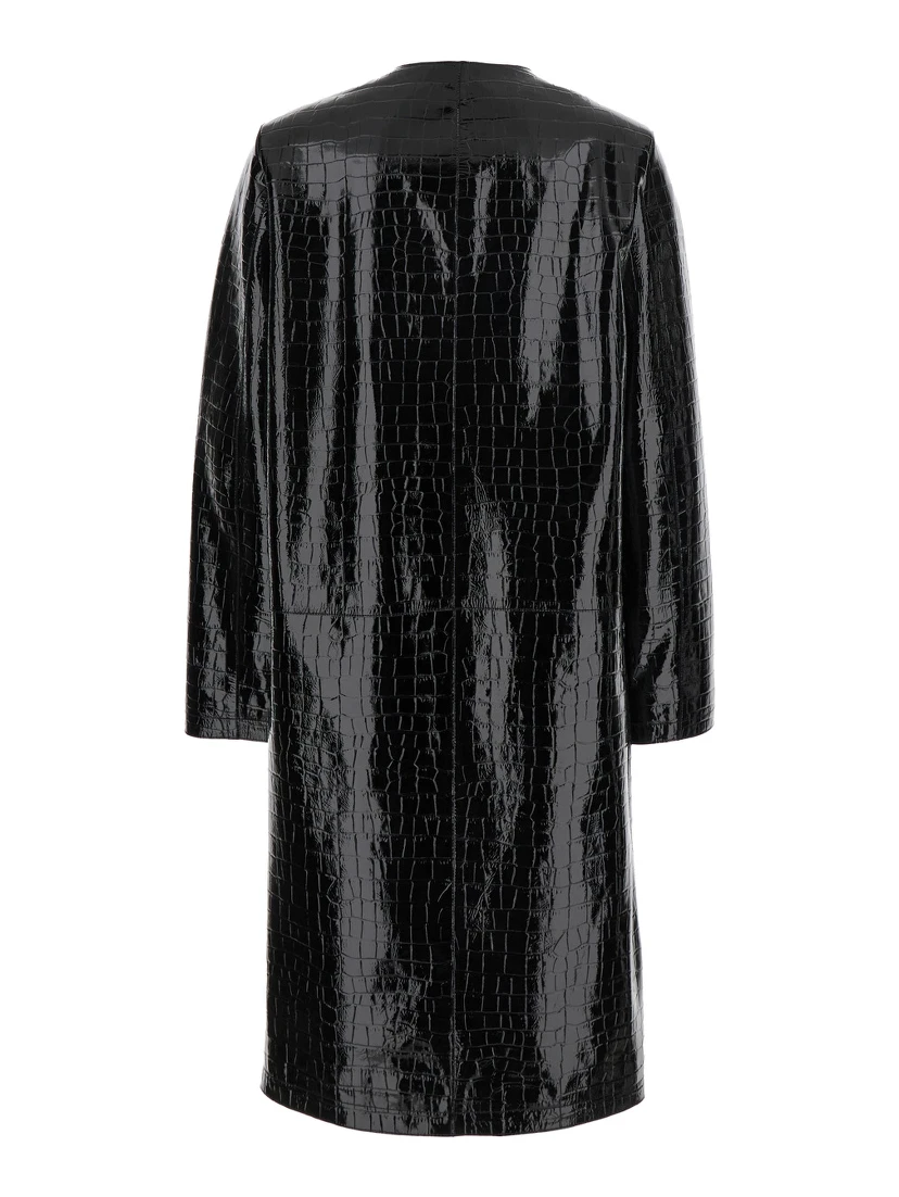 Black Coat with Front Button Closure and Embossed Crocodile Effect in Leather Woman
