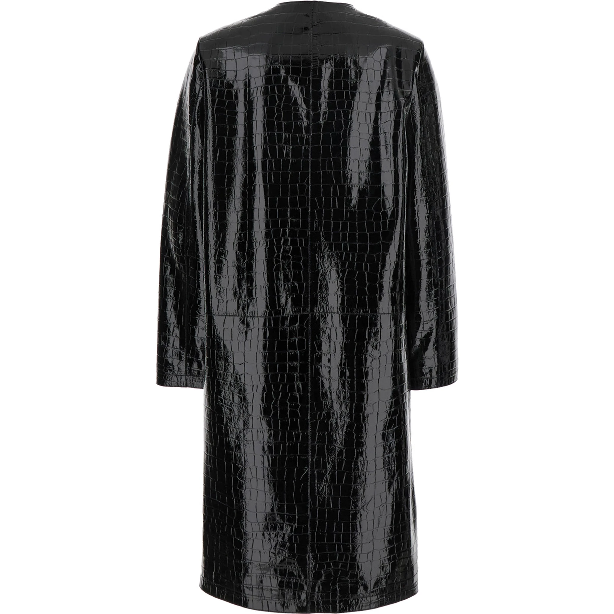 Black Coat with Front Button Closure and Embossed Crocodile Effect in Leather Woman