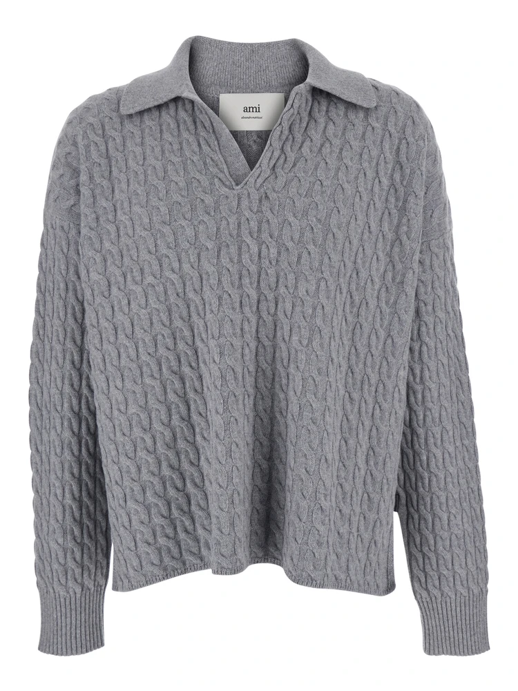 Grey Polo Shirt with Woven Design in Wool Woman