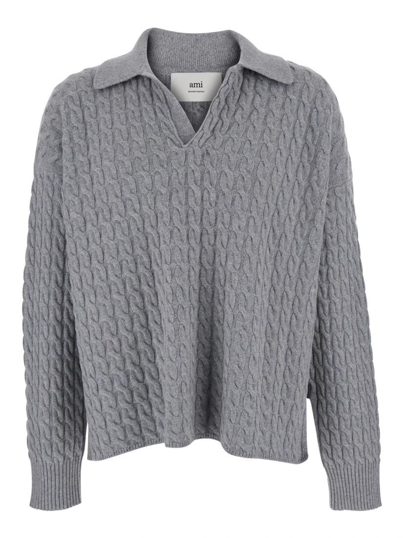 Grey Polo Shirt with Woven Design in Wool Woman