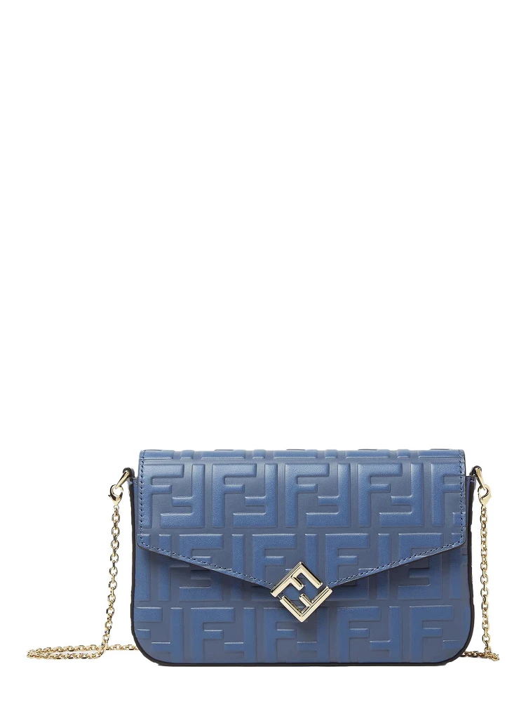 Blue Mini Bag with Chain-Link Shoulder Strap and All-Over FF Embossed Motif in Leather Woman