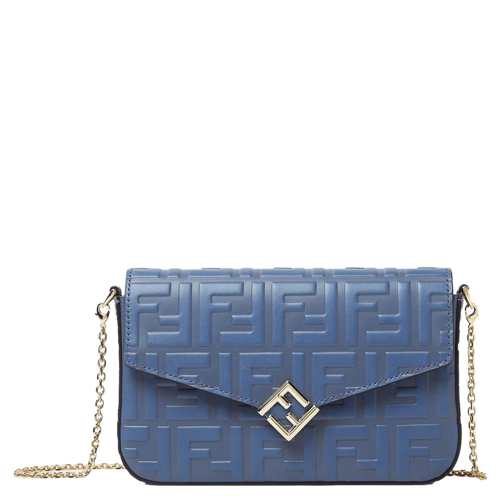 Blue Mini Bag with Chain-Link Shoulder Strap and All-Over FF Embossed Motif in Leather Woman