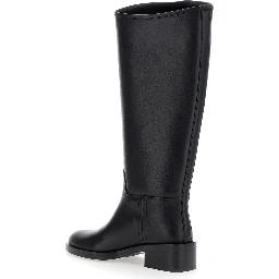 Black Knee High Boots with Block Heel in Leather Woman