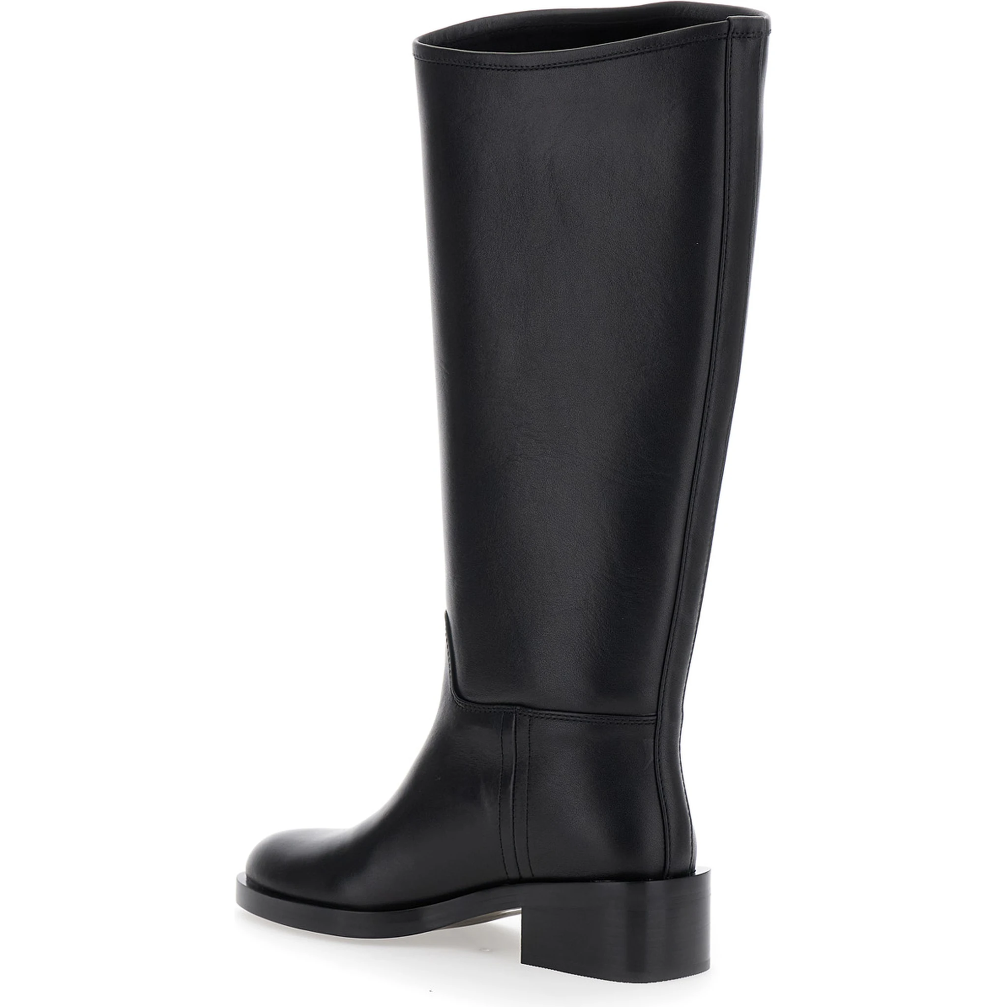 Black Knee High Boots with Block Heel in Leather Woman