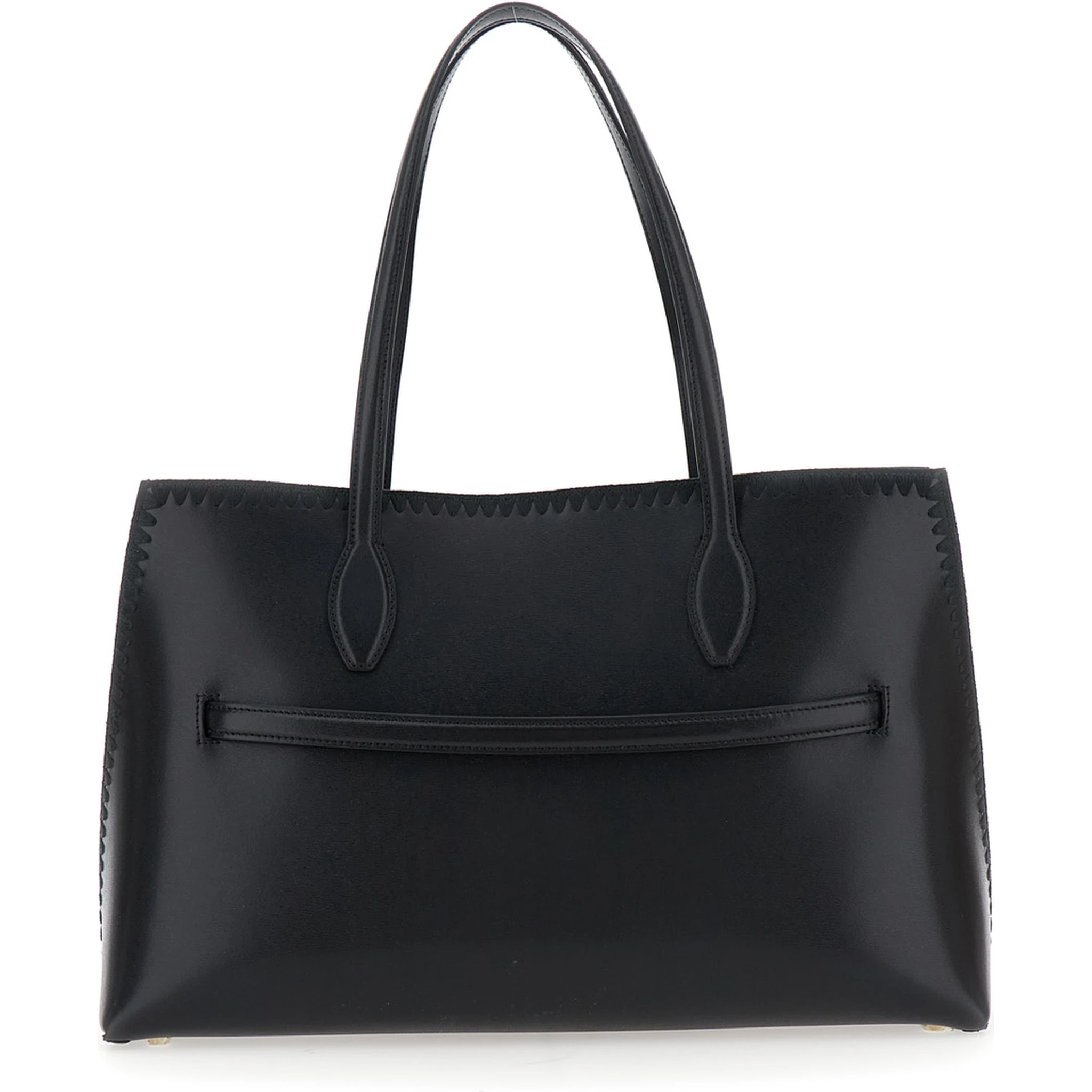 Lounge Black Tote Bag with Embroidered Details and Embossed Logo on the Front in Leather Woman