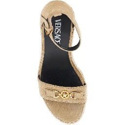 Beige Wedges with Adjustable Buckle Closure and Medusa Plaque on the Front in Leather Woman