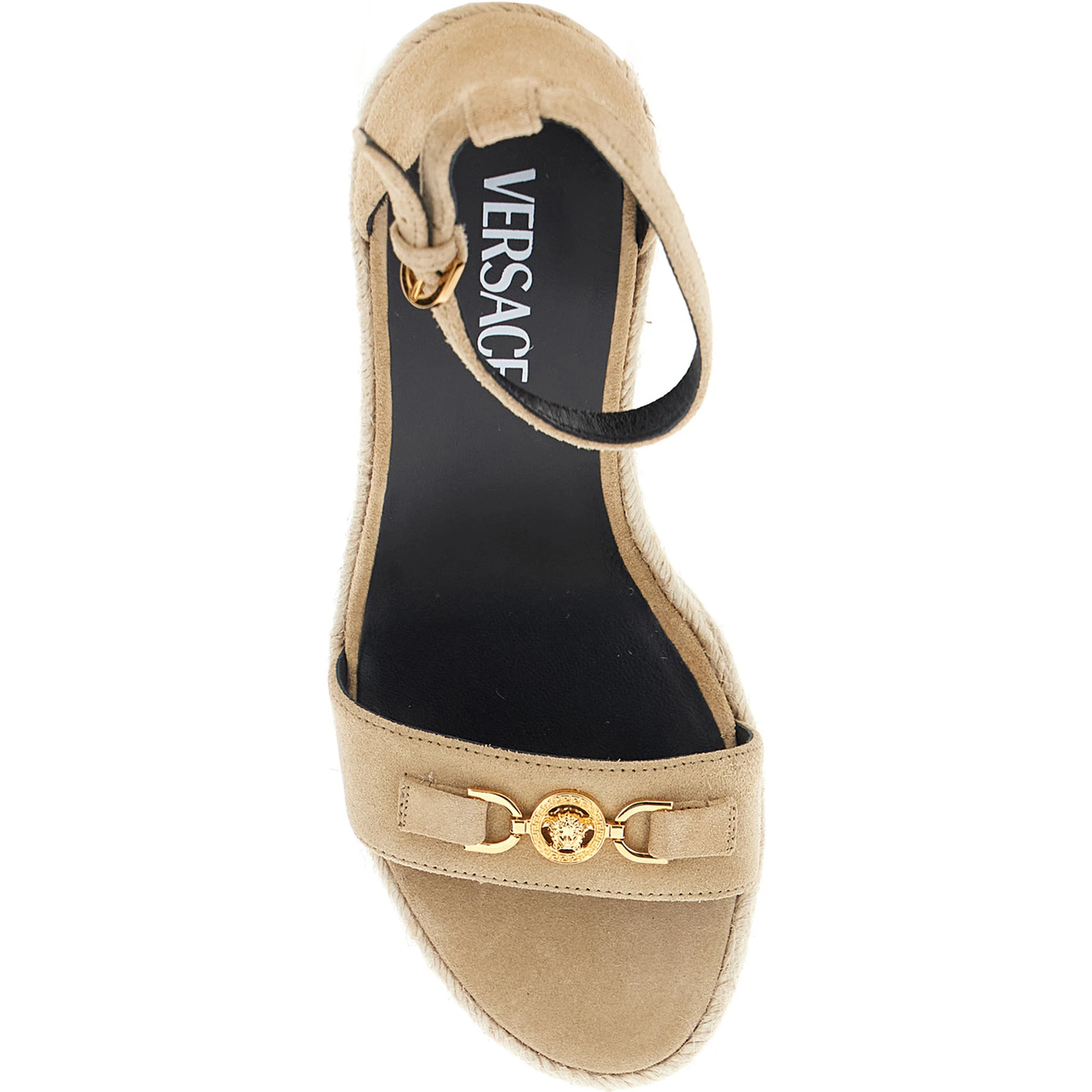 Beige Wedges with Adjustable Buckle Closure and Medusa Plaque on the Front in Leather Woman