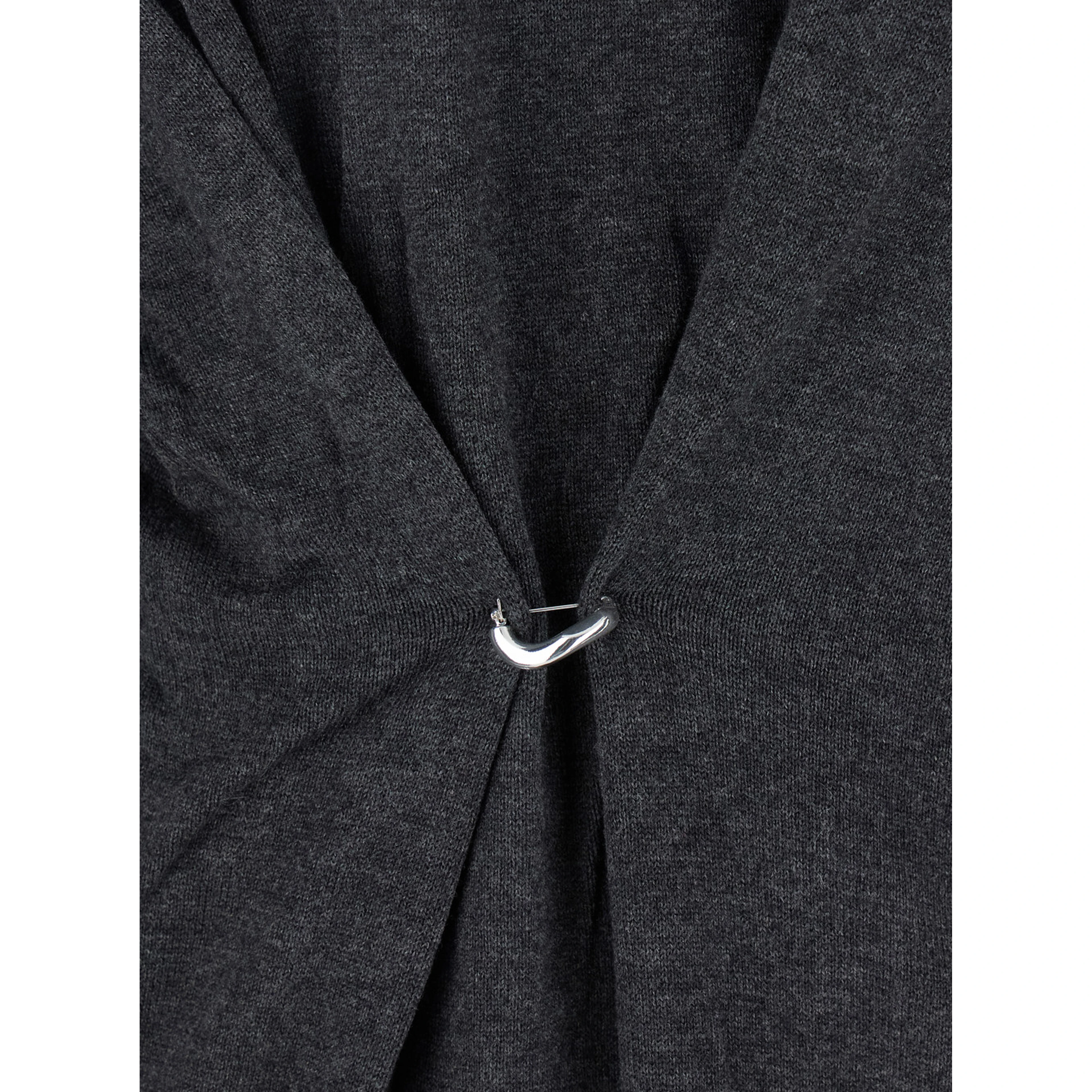 Grey V-Neck Sweater with Ring Detail at the Waist in Fabric Woman