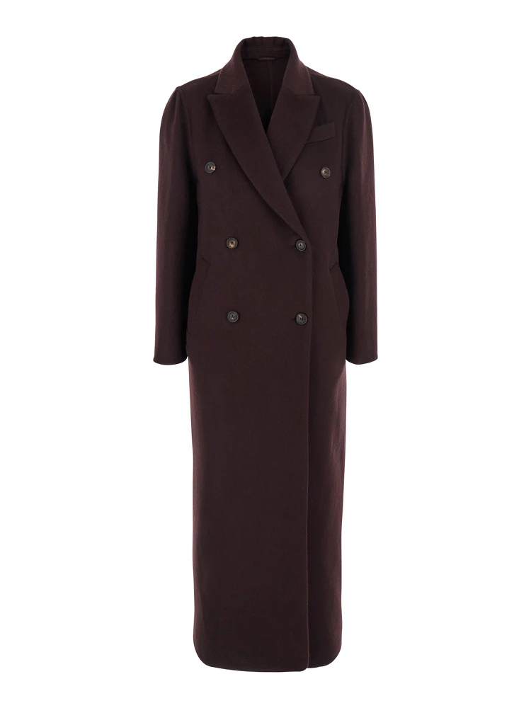 Bordeaux Double-Breasted Coat with Peak Revers in Cashmere Woman