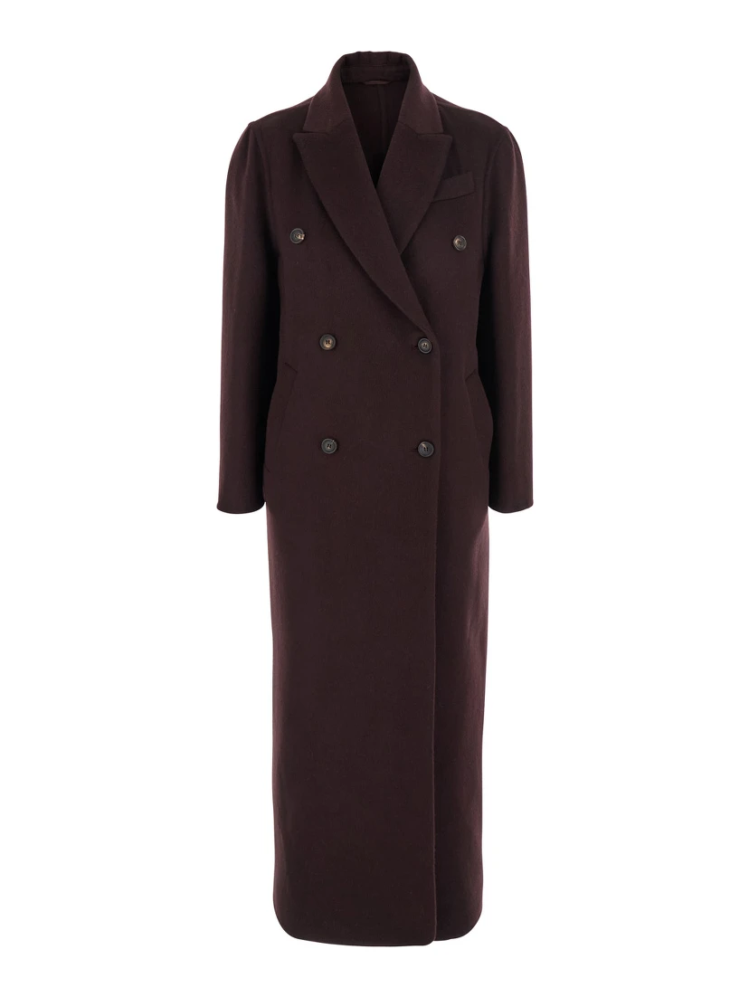 Bordeaux Double-Breasted Coat with Peak Revers in Cashmere Woman