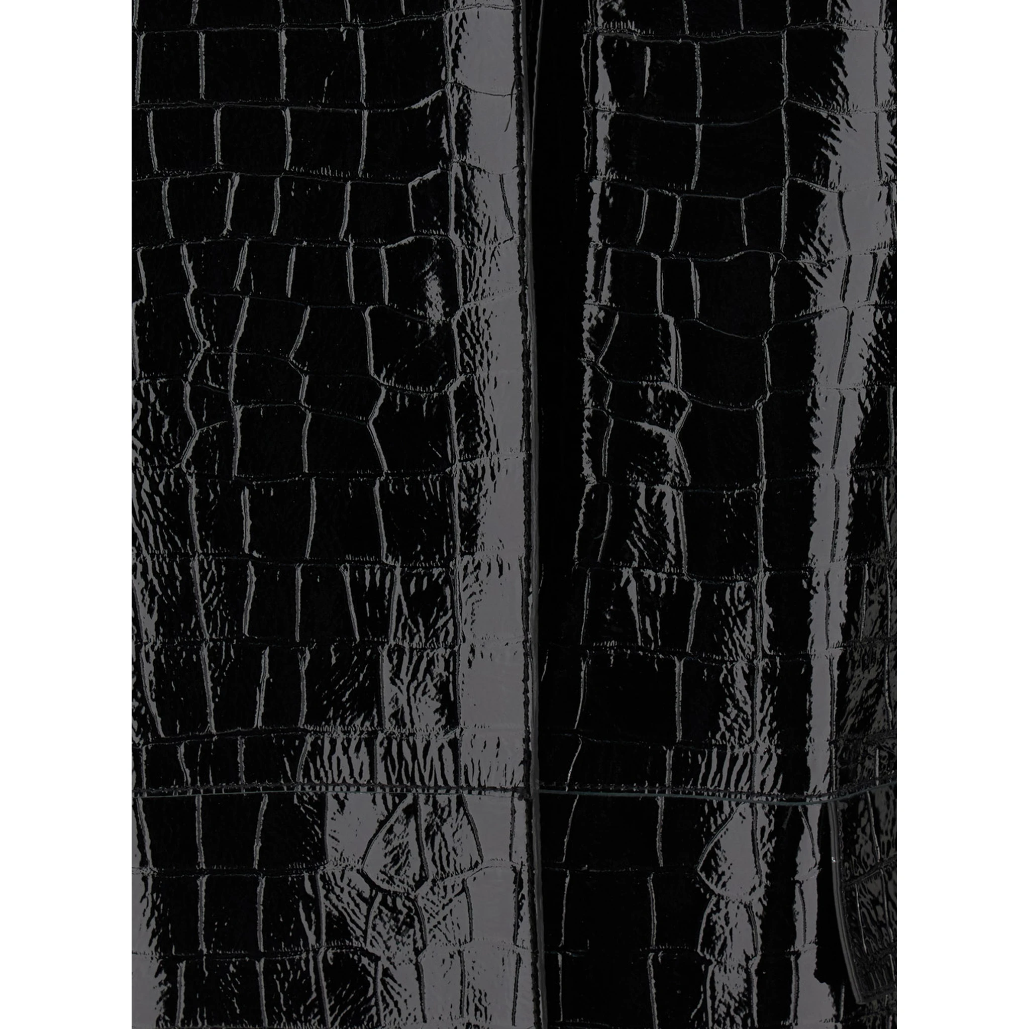 Black Coat with Front Button Closure and Embossed Crocodile Effect in Leather Woman