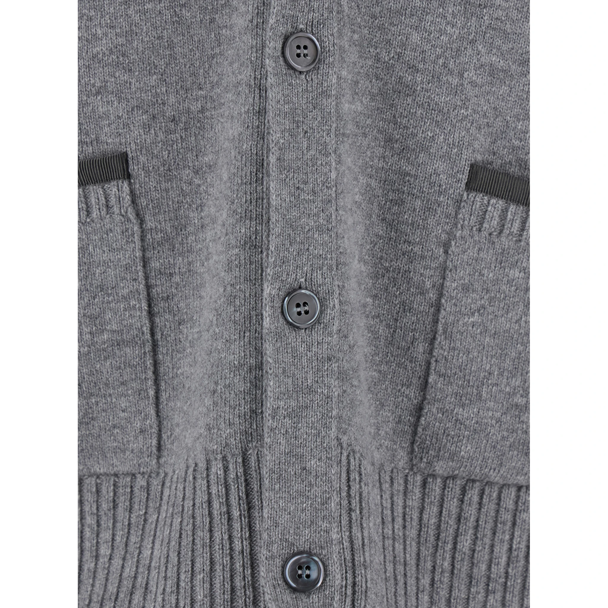 Grey Cardigan with V Neck and Striped Detail on the Sleeve in Wool Man
