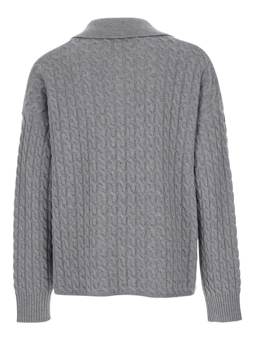 Grey Polo Shirt with Woven Design in Wool Woman