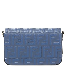 Blue Mini Bag with Chain-Link Shoulder Strap and All-Over FF Embossed Motif in Leather Woman