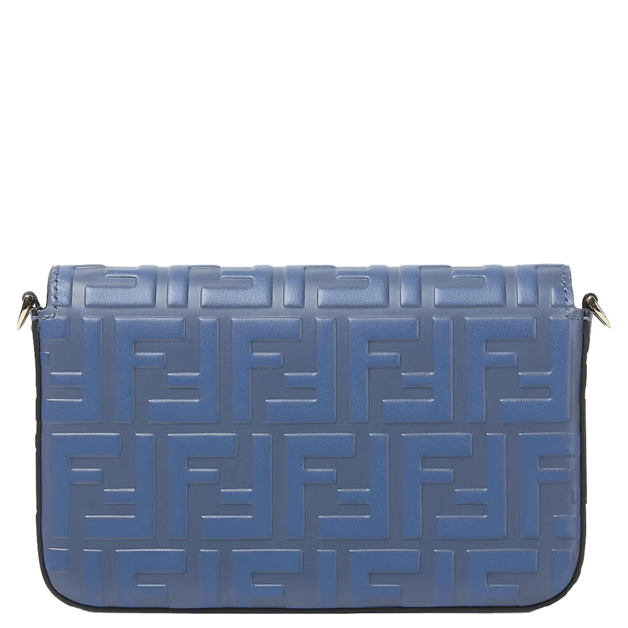 Blue Mini Bag with Chain-Link Shoulder Strap and All-Over FF Embossed Motif in Leather Woman
