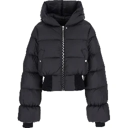 Black Down Jacket with Crop Design and Fixed Hood in Tech Fabric Woman