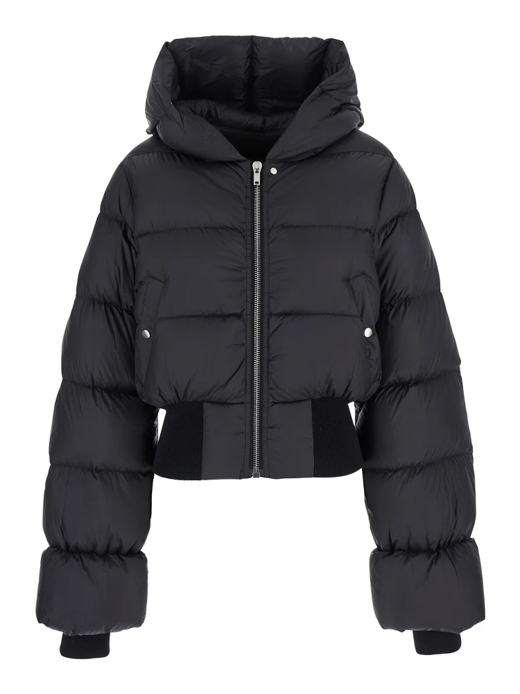 Black Down Jacket with Crop Design and Fixed Hood in Tech Fabric Woman