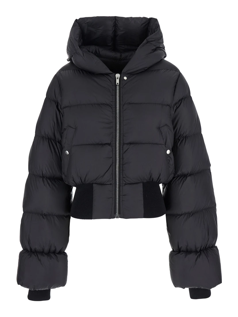 Black Down Jacket with Crop Design and Fixed Hood in Tech Fabric Woman