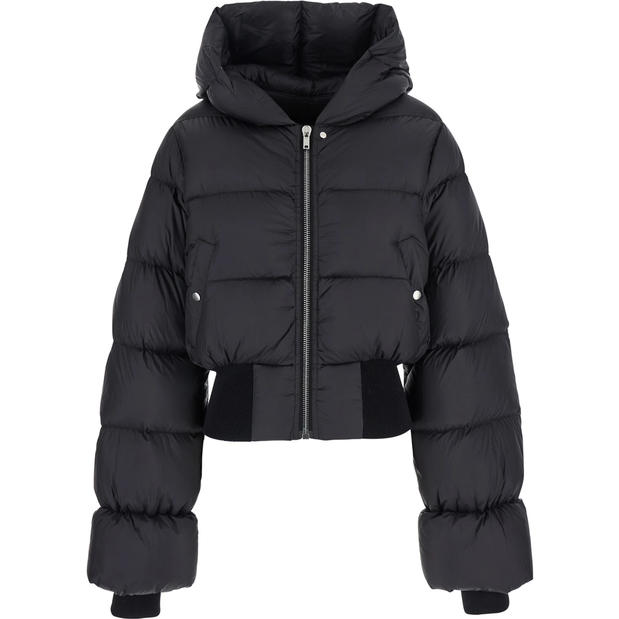 Black Down Jacket with Crop Design and Fixed Hood in Tech Fabric Woman