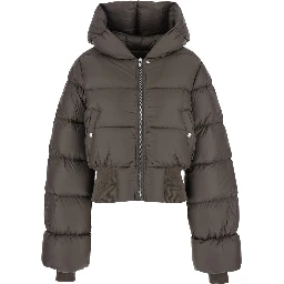 Brown Down Jacket with Crop Design and Fixed Hood in Tech Fabric Woman