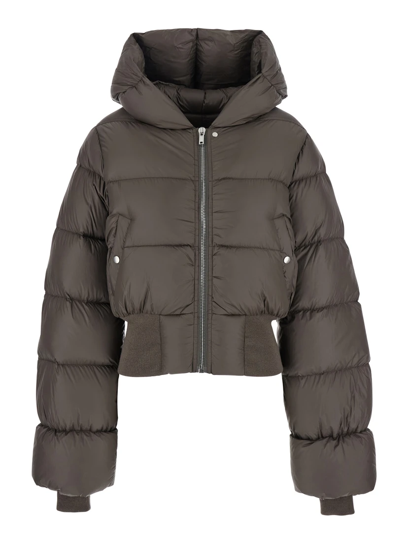 Brown Down Jacket with Crop Design and Fixed Hood in Tech Fabric Woman