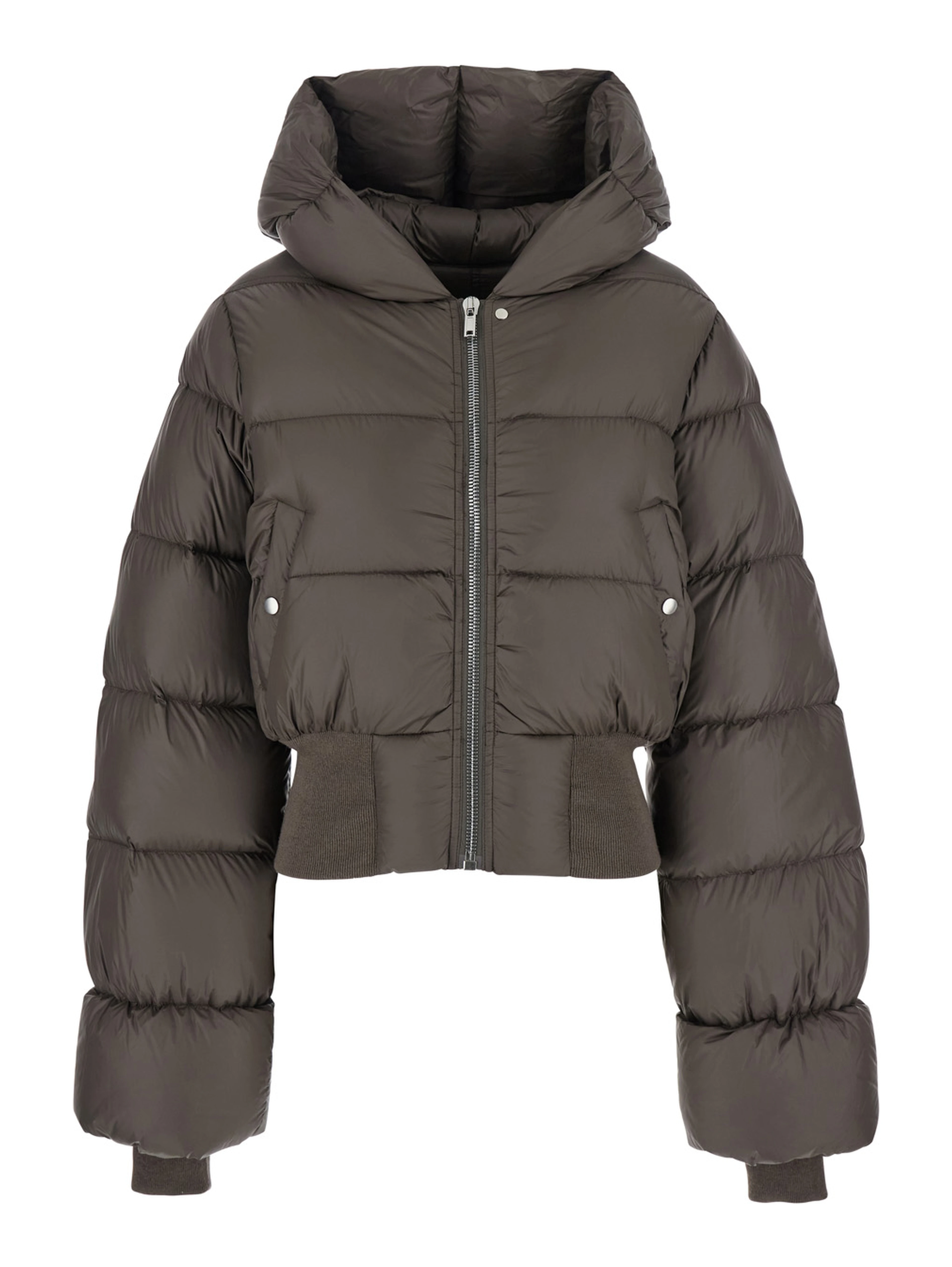 Brown Down Jacket with Crop Design and Fixed Hood in Tech Fabric Woman