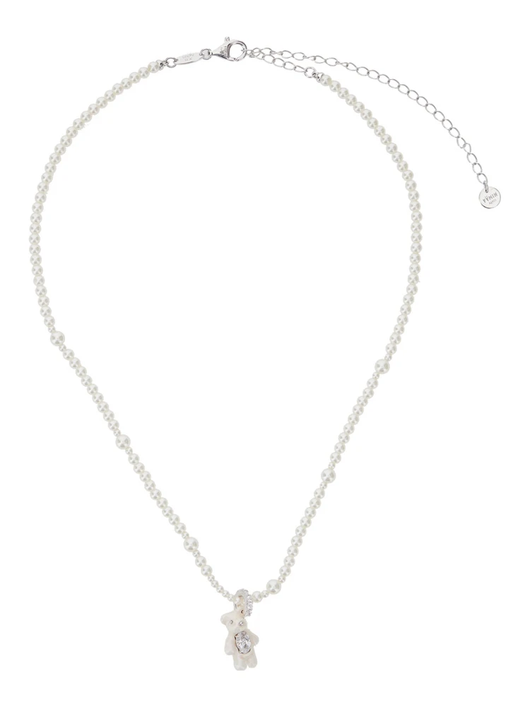 Mini Pearl Bear White Necklace with Peal Design and Bear Pendant in Metal and Pearls Woman